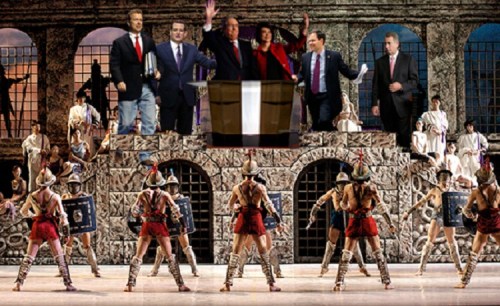 GOP leaders greet new senators: Republicans in red battle skirts, Democrats in blue.