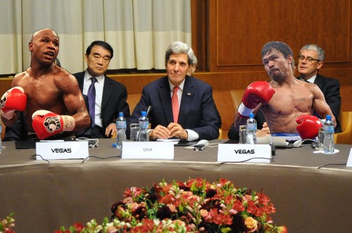 John Kerry negotiates with Pacquiao, Mayweather to avert nuclear proliferation and slightly higher pay-per-view rate.